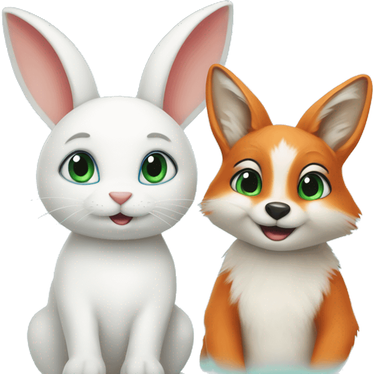 white bunny with blue eyes and, a fox with green eyes on their wedding day emoji