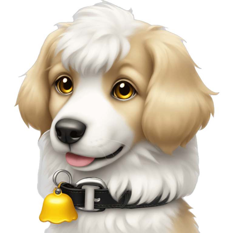 Cute dog fluffy white and black collar with yellow bell emoji