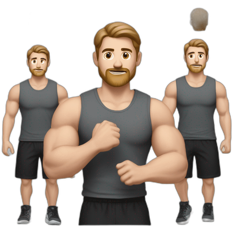 Close up Actively gesturing  with hands Pale skinned Fit Man With the biceps and brown hair in dark gray Sleeveless Mike, black oversize sports shorts, watch and white Sneakers emoji