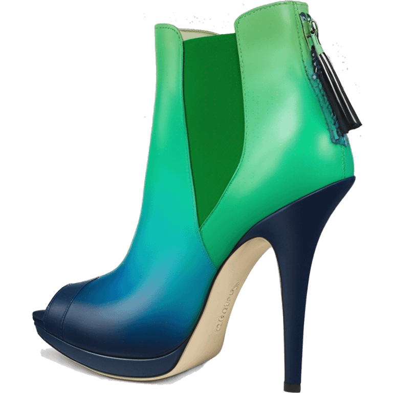 Realistic isolated top view of a pair of emerald green,sky blue,mint green,lime green and navy blue ombre Jimmy Choo peep toe stiletto ankle booties. emoji