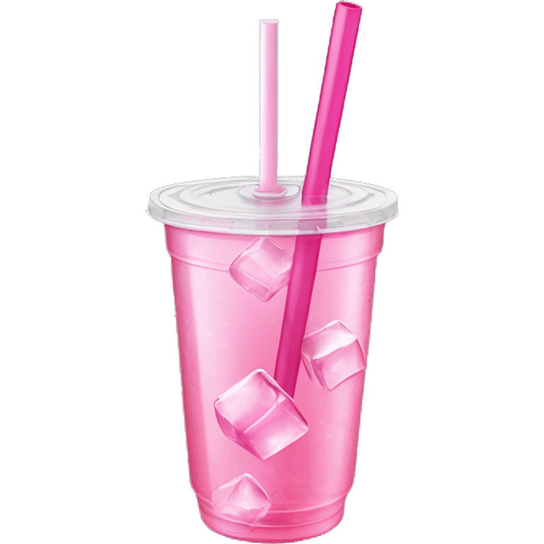 Realistic plastic cup and lid with Transluscent pink soda and large ice cubes inside and straw through the top of the lid. emoji