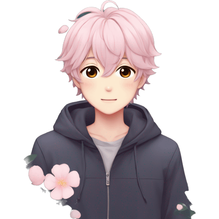 Gorgeous pastel anime style shojo guy with blushing face and flowers aesthetic trending style outside emoji