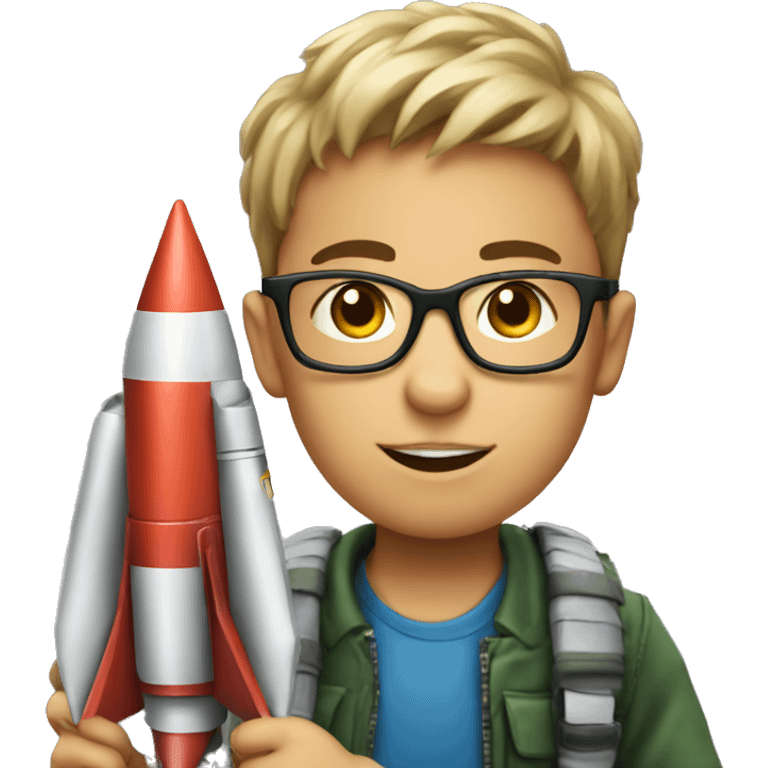 boy in glasses indoors with a rocket launcher emoji