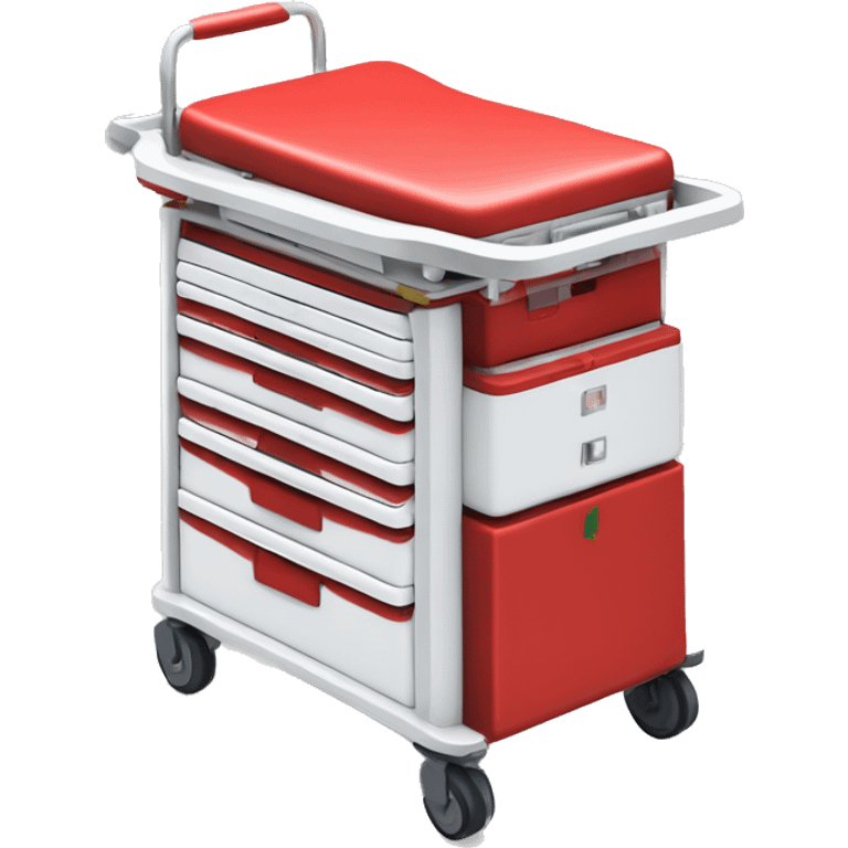 Singular Red medical crash cart is a mobile, multi-drawer unit designed to store and organize emergency medical supplies and equipment and a cardiac defibrillator on top emoji