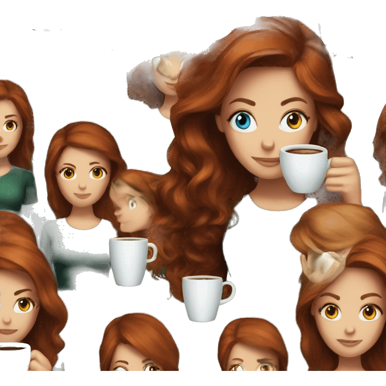 Dark Redhead fitness girl with blue eyes in dark green top with coffee emoji