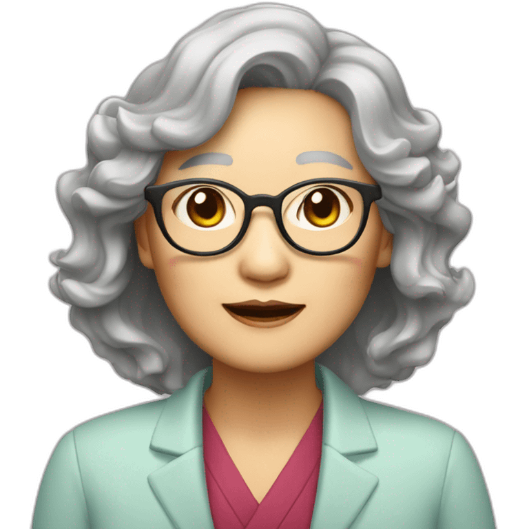 Chinese senior lady wear glasses with wavy long wavy hair emoji