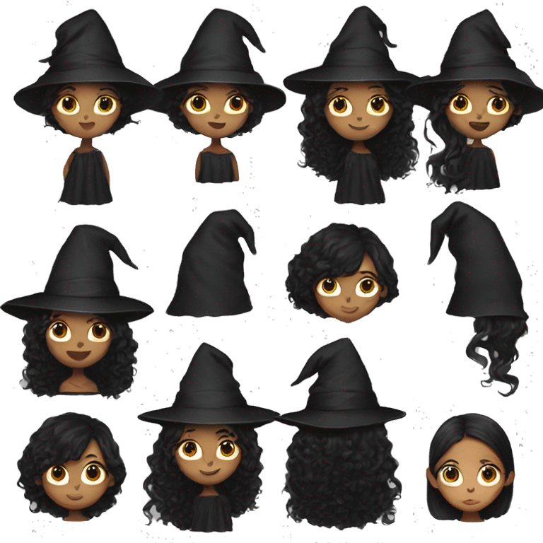 black eyes, long curly black hair and witch hat girl emoji