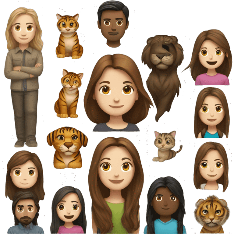 Women with long brown hair and a man with straight brown hair and tiger brown cat emoji