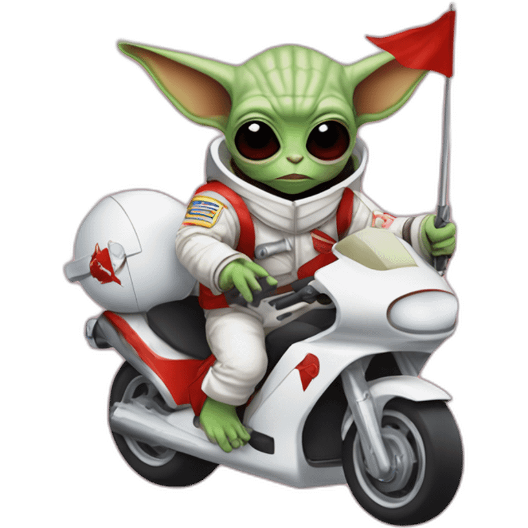 zombie michael jackson in thriller as baby yoda unicorn driving a red ferrary in an astronaut suit with peace flag emoji