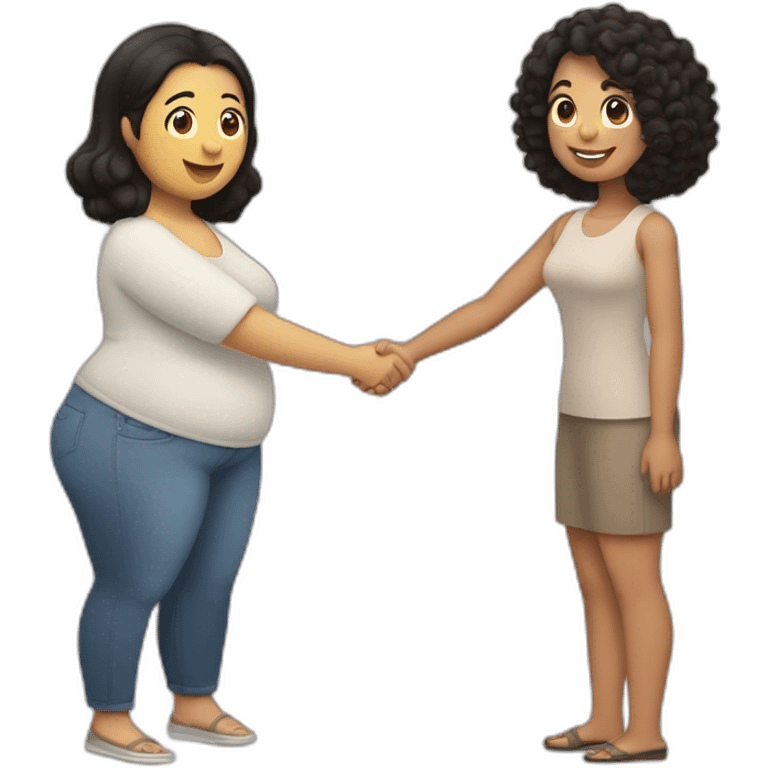 tan chubby woman with black curly hair shakes hands with a chubby pale woman who has straight light brown hair emoji