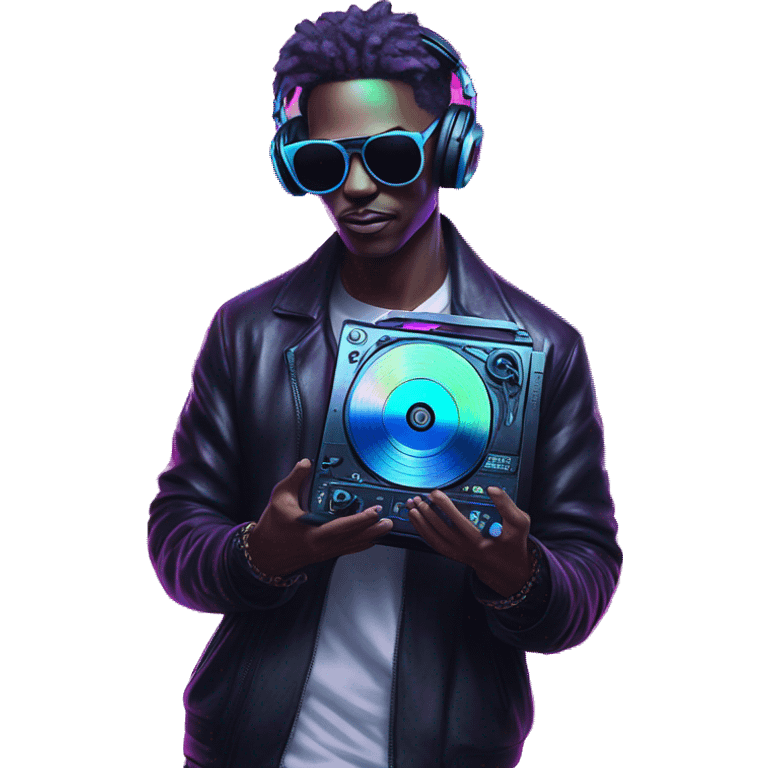 A dj wearing sunglasses playing music holding a cd record record, vinyl, oilslick holographic blacklight inverted graffiti dark dull emoji