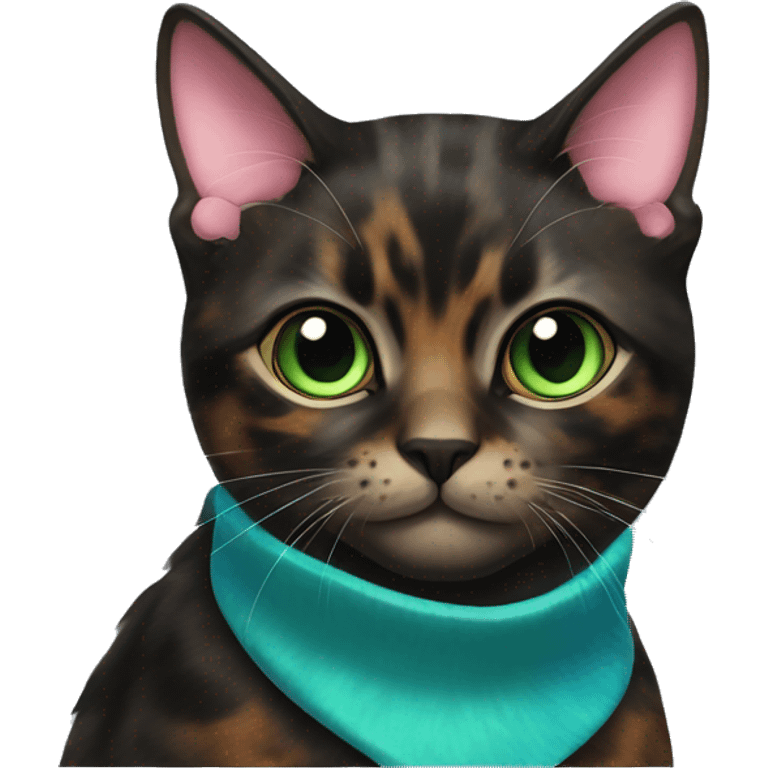 tortoiseshell cat, more black furr, with green-blue eyes and a pink collar emoji