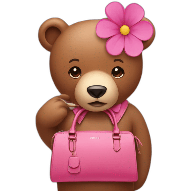 A pink bear with a pink flower on its head and a brown handbag emoji