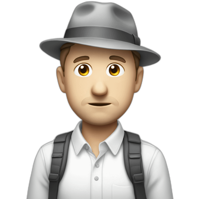 tim robinson wearing a grey fedora white shirt only looking scared and sad facing left - fabric attached to back of hat covering neck emoji