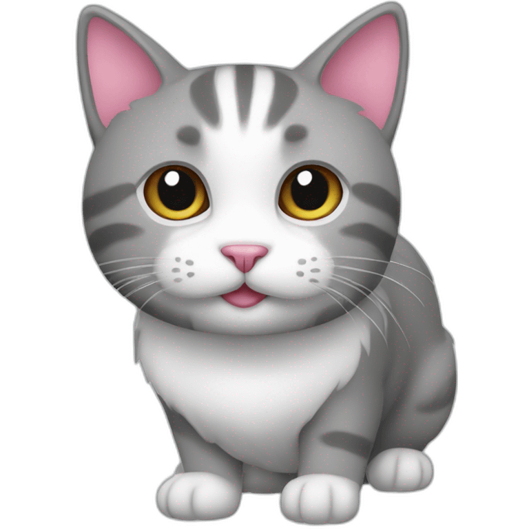 A cat, grey and white, cute, with little hearth pink  emoji