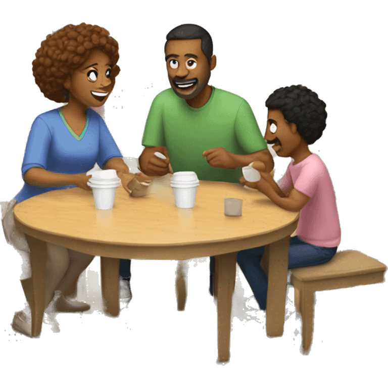 An emoji of a family—mother, father, and child—sitting at a table, playing a cup game with paper cups arranged on the table as they have fun together emoji