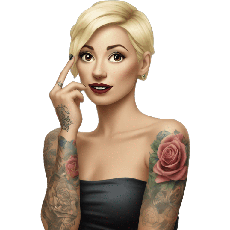 Blonde elegant women, her Body Covered with Tattoos, POINTING YOU with her HAND , Hyper realistic emoji