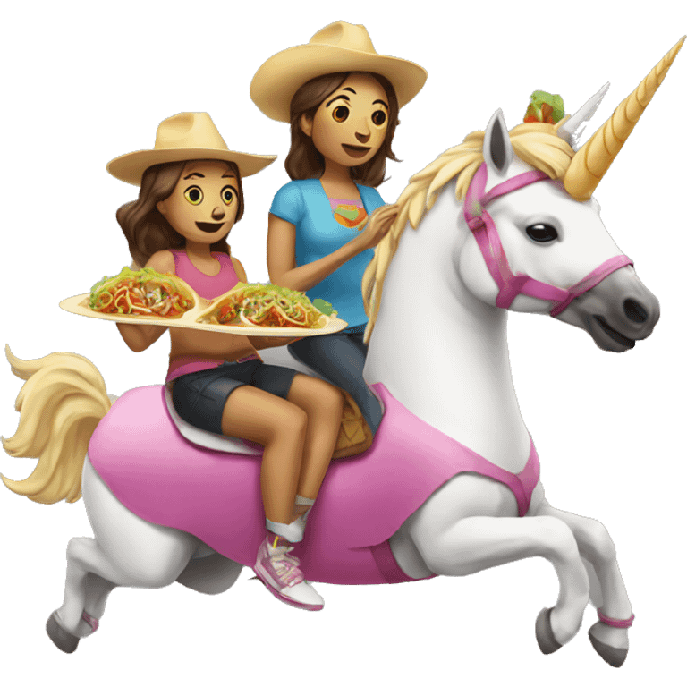 two women eating tacos, riding a unicorn emoji