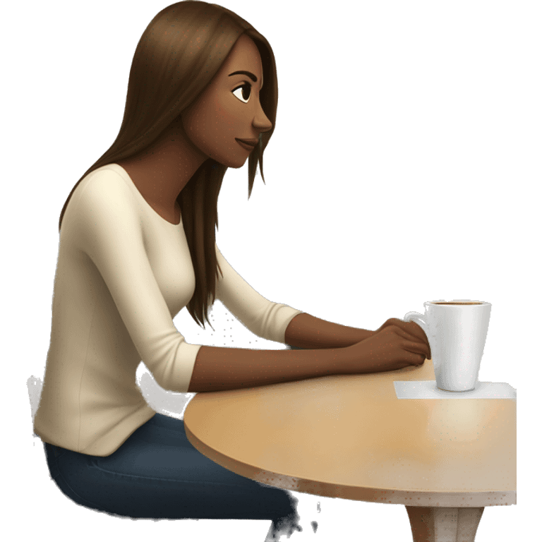 Side view realistic posh brown straight haired pale woman sits at the coffee table emoji