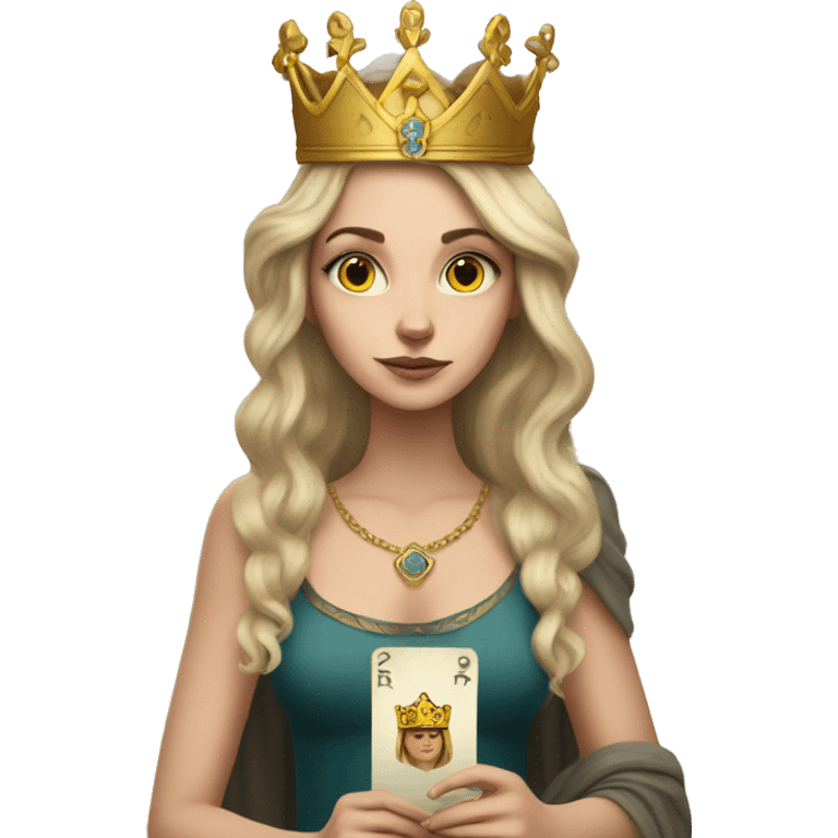 white girl with a crown on her head, she holds tarot cards in her hands emoji