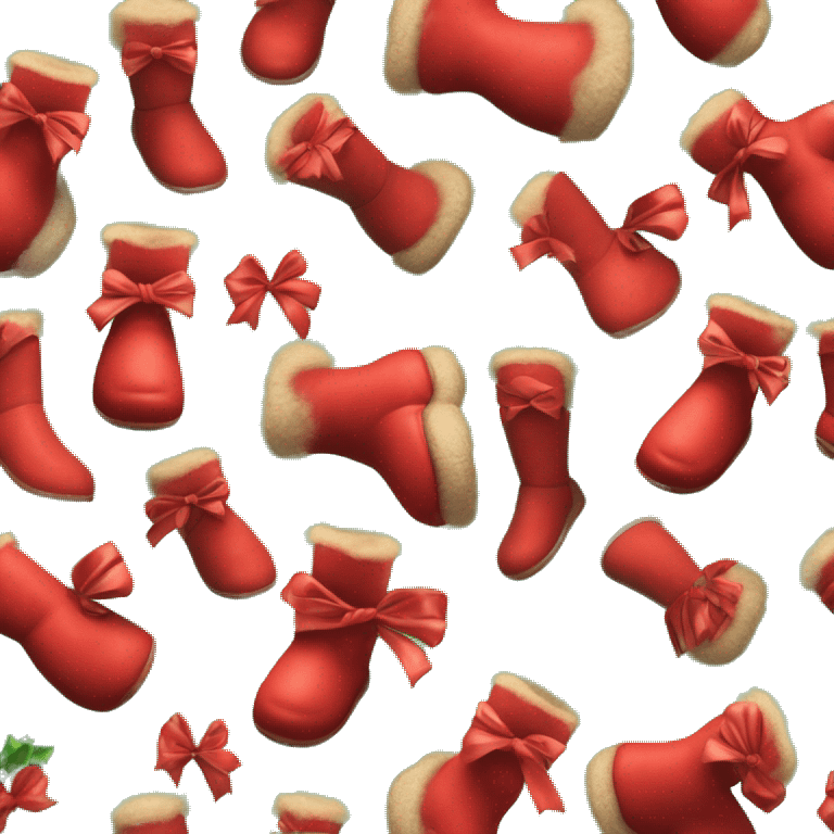 Realistic red Ugg fur boots with gree ribbon bows isolated.  emoji