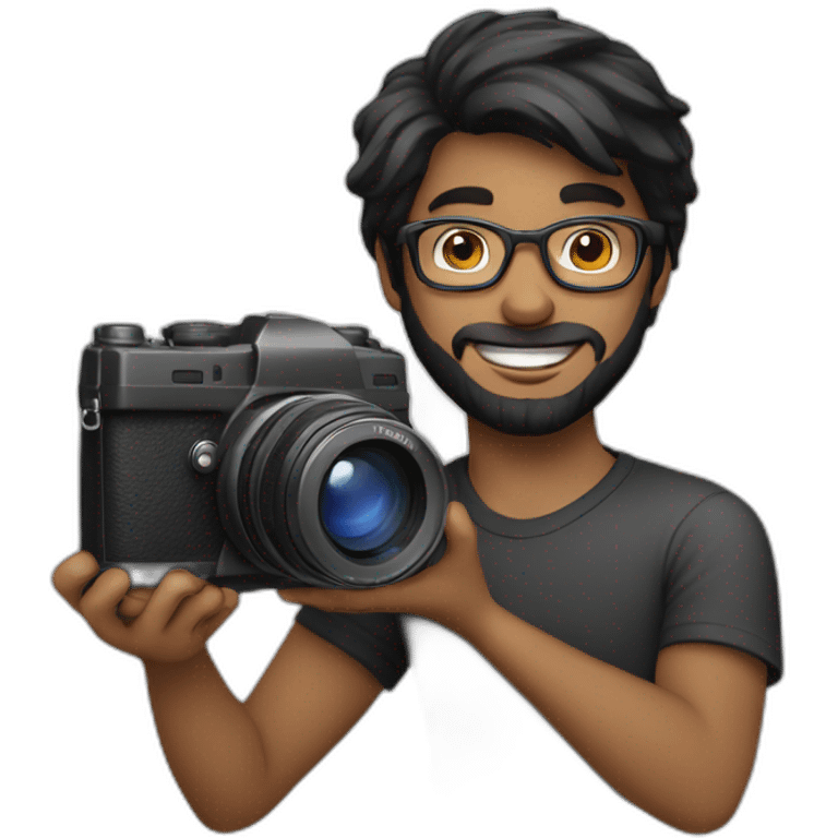 a photographer, young, black, straight hair, with a beard, wearing glasses and with a camera in his hand. Using black emoji