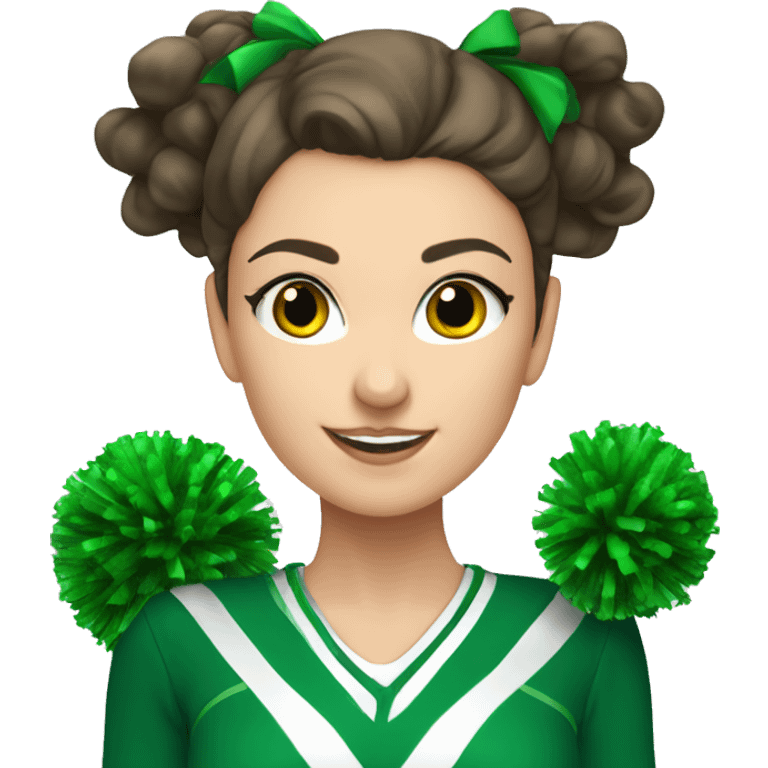 brunette  white girl cheerleader wearing green uniform holding green pompoms emoji