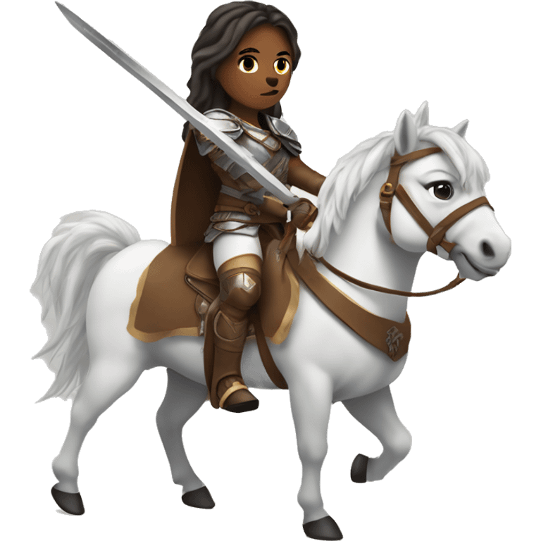 white skin valkyrie with brown eyes and hair on a horse with a sword emoji