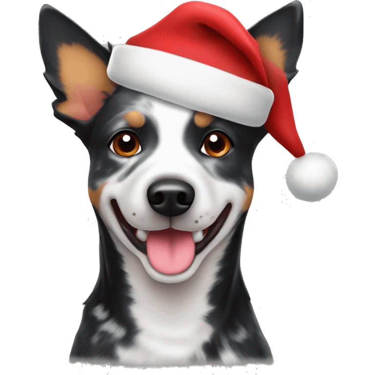 Black and white Australian cattle dog in Santa hat emoji