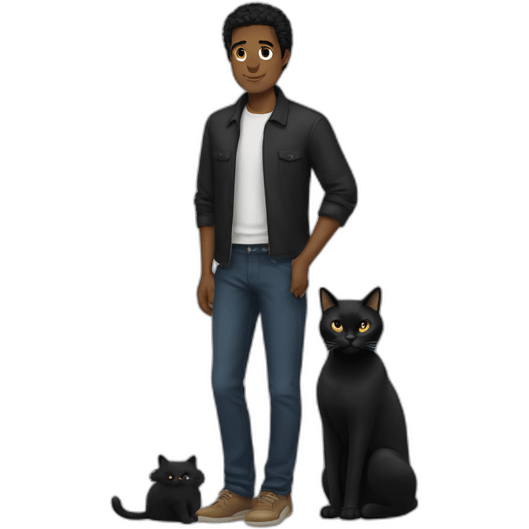 black hair man with black cat emoji