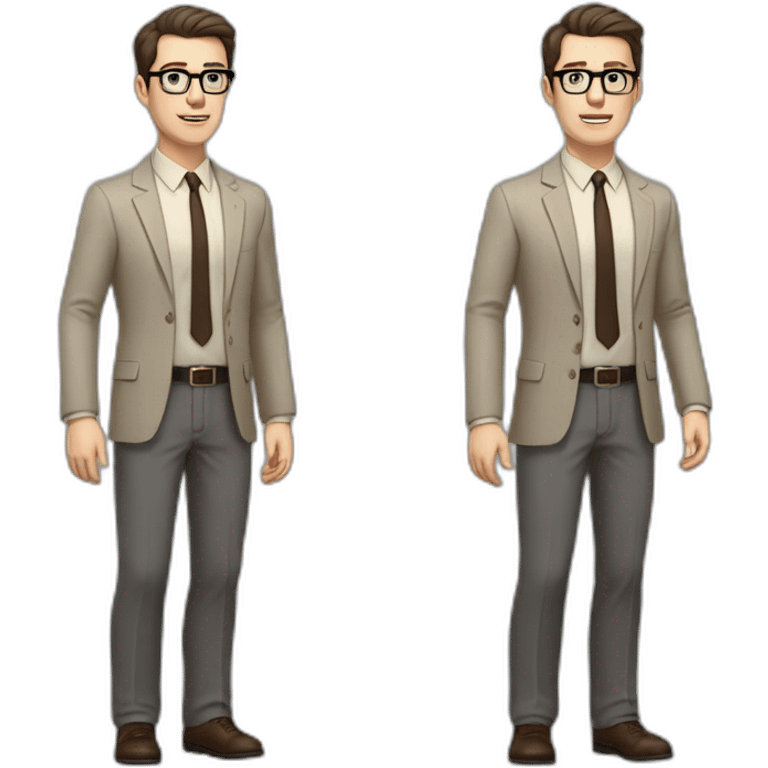 Full height Actively Gesturing Pale skinned fit man with dark brown hair in gray jacket, beige office shirt, brown tie, brown pants and vintage glasses. emoji