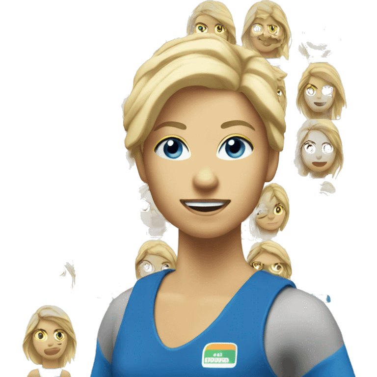 decathlon worker, female, blonde, blue eyes, loose hair emoji