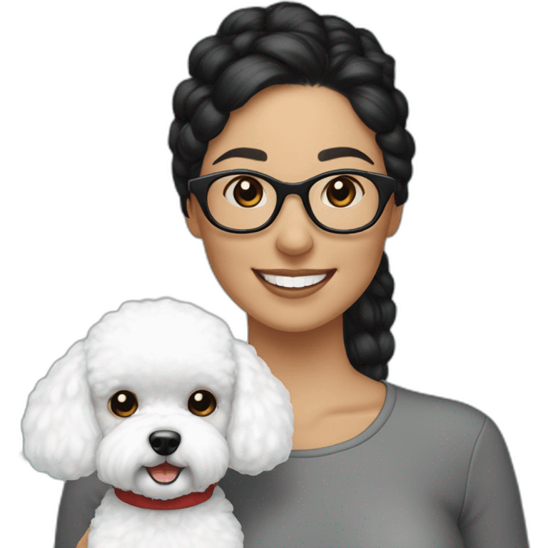 woman-white skin-black hair-bun-with glasses-with bichon dog-white-smile-Christmas emoji