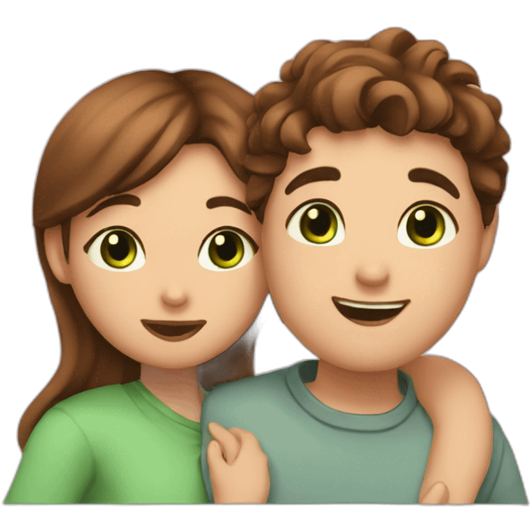 Girl with brown eyes and brown hair kisses boy with brown hair and green eyes and hugs brown fat cats emoji