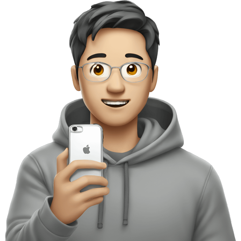 korean man in grey hoodie taking selfie with iphone emoji