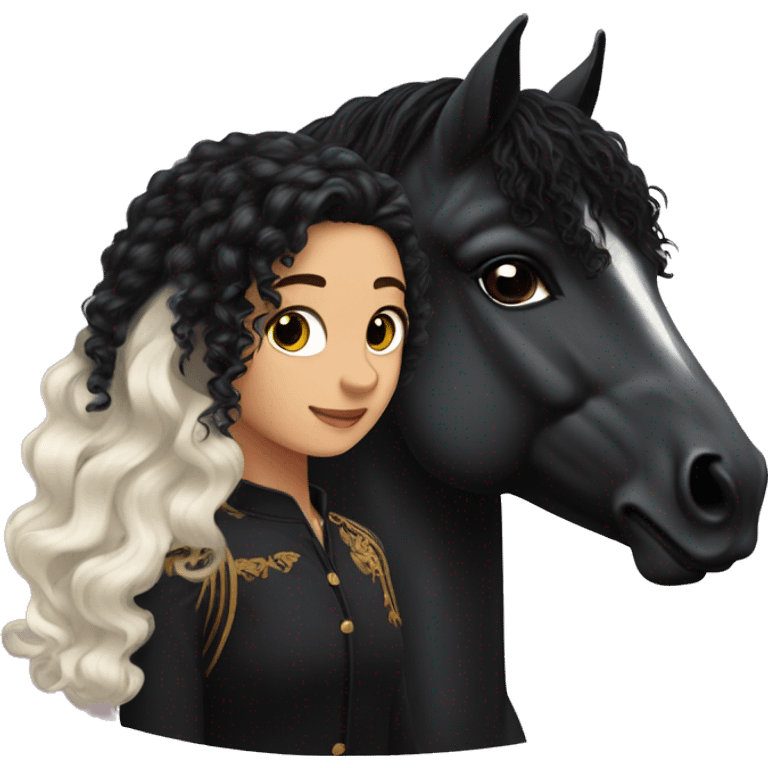 White girl, long black curly hair, next to a black spanish horse emoji