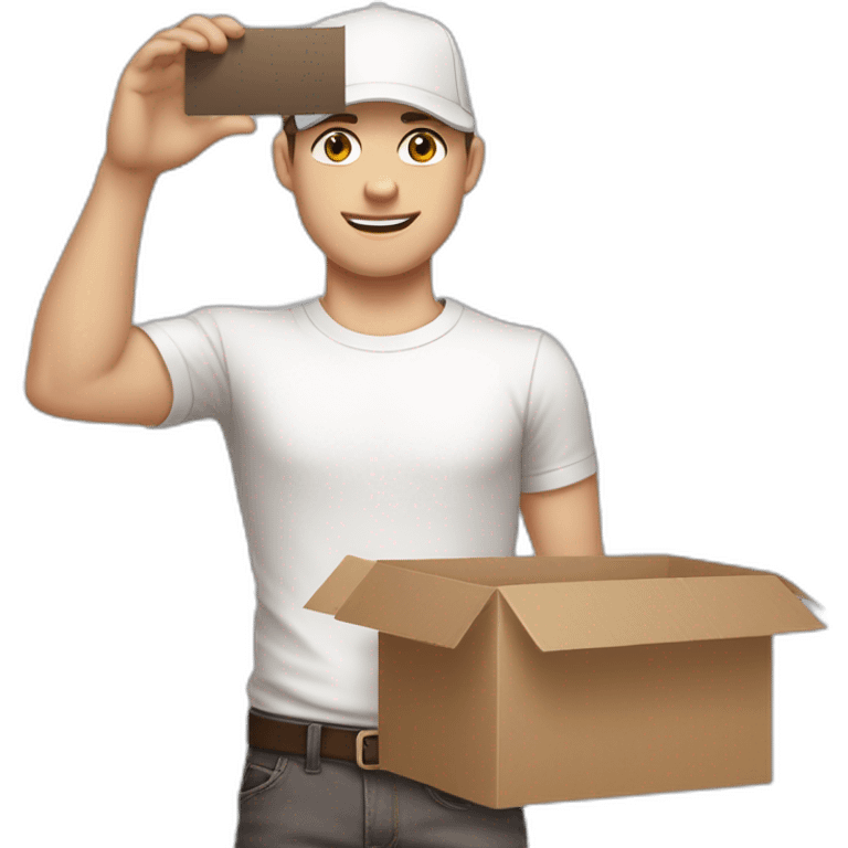 Pale skinned fit Man with dark brown hair in a light gray cap, dark brown jeans, brown polo and white T-shirt keeping a pasted with tape white box into his hands emoji