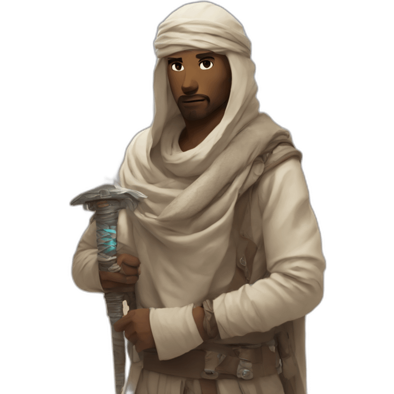 desert man wearing shimagh and handling a cyberpunk sword emoji