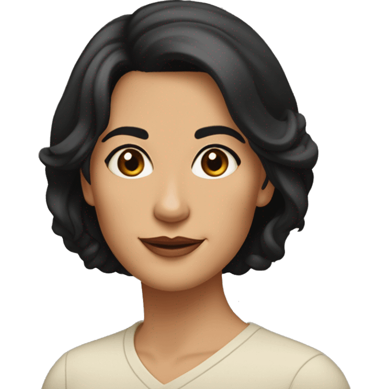 Middle-aged woman, black medium length hair, tan skin, aquiline nose, thin lips, dark brown eyes, medium thin brows, oval face emoji