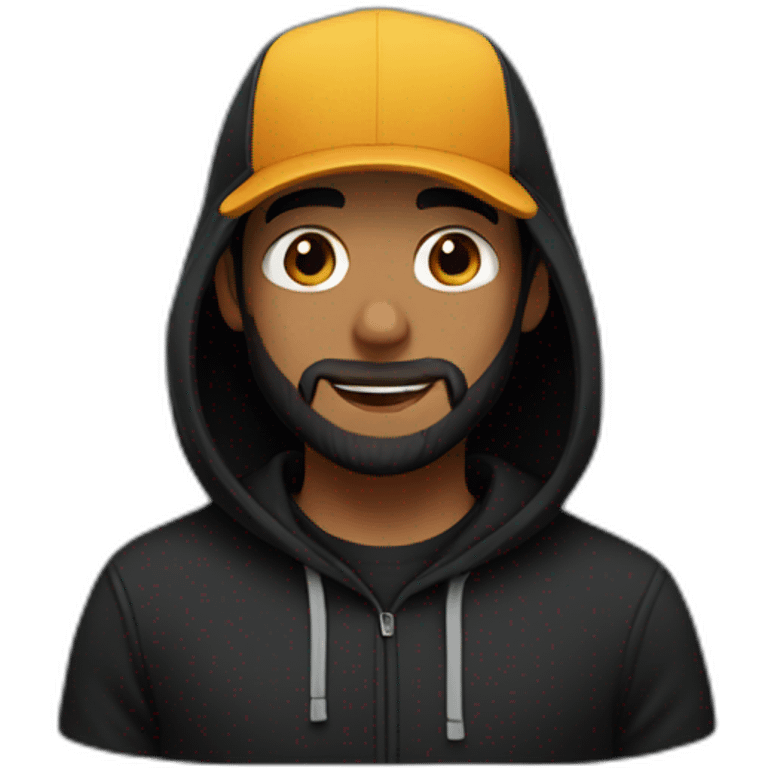 A guy wearing a black hoodie and a black cap He has a beard emoji