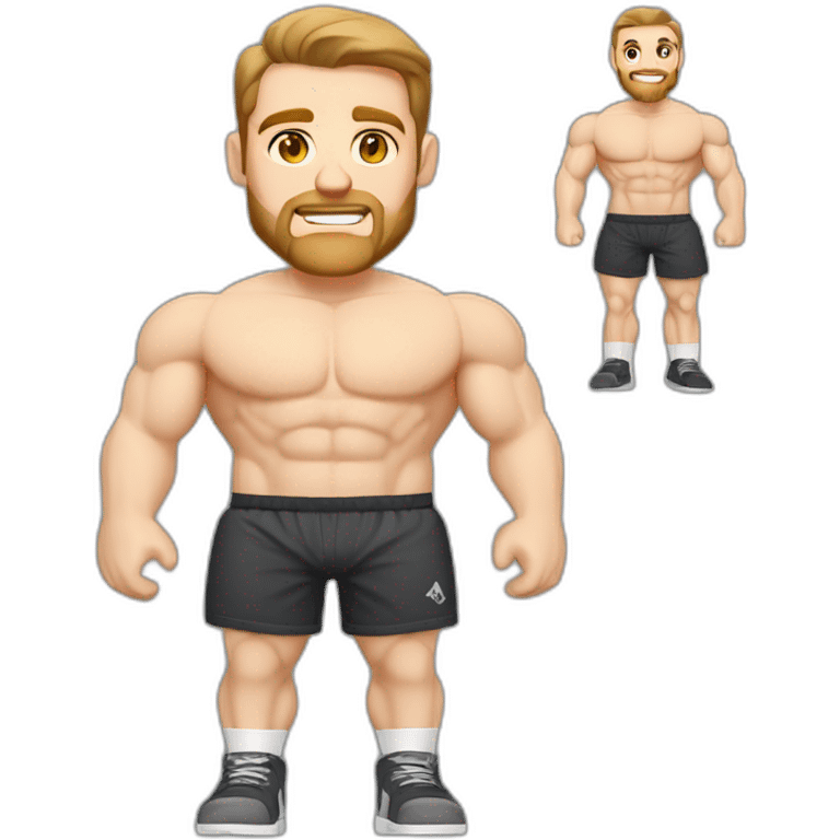 Full height Pale skinned fit man With biceps, Realistic eyes and mouth, light brown hair and stubble In dark gray sleeveless mike, black oversize sports shorts, watch and white sneakers. emoji