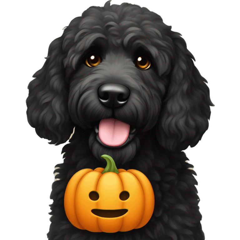 black goldendoodle with pumpkin emoji