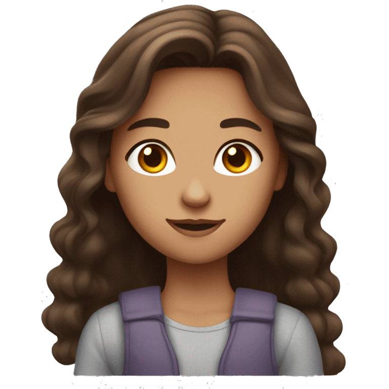 a girl with dark brown eyes, long brown hair with a slight shade of orange, freckles on her face. She waves hello emoji