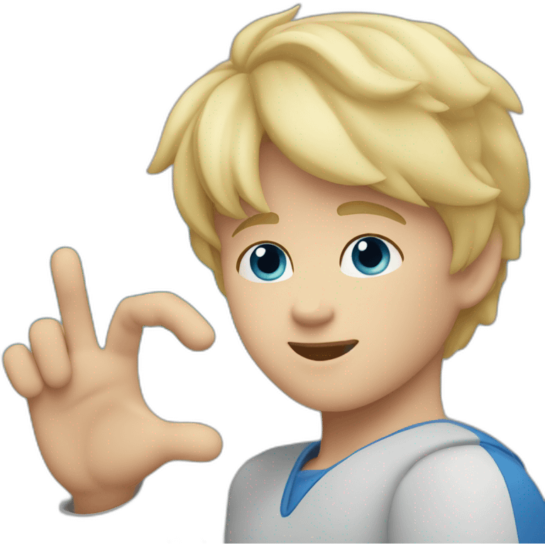 Blonde boy with medium short hair, blue eyes, waving hi to the camera emoji