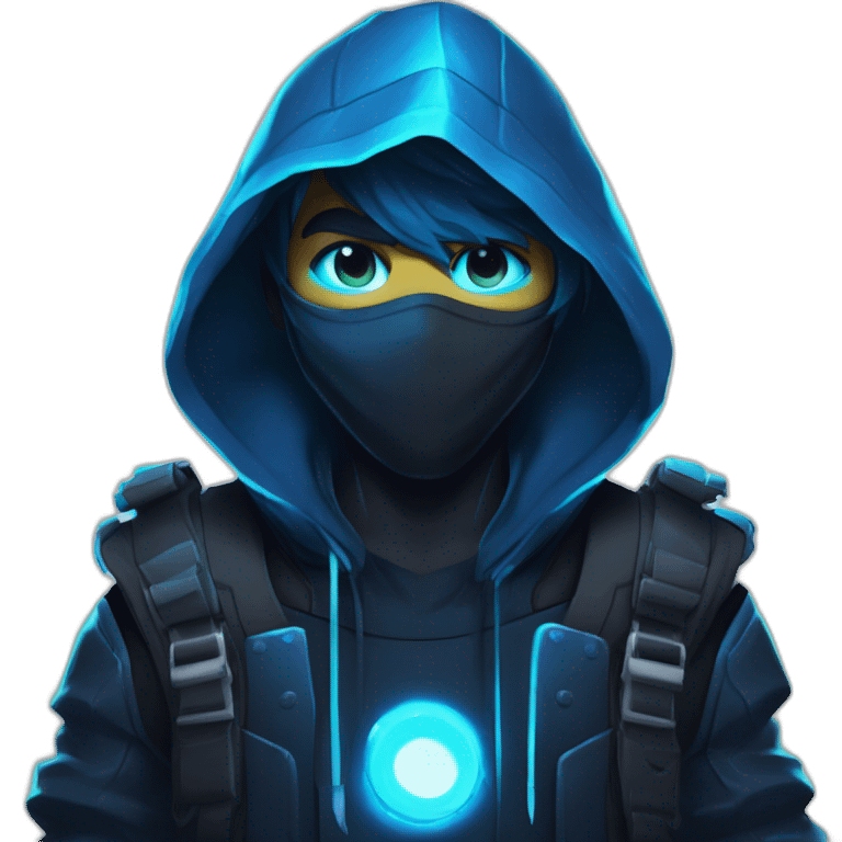 Young developer behind his laptop with this style : Riot Games Valorant neon glowing bright blue character blue black hooded assassin themed character emoji