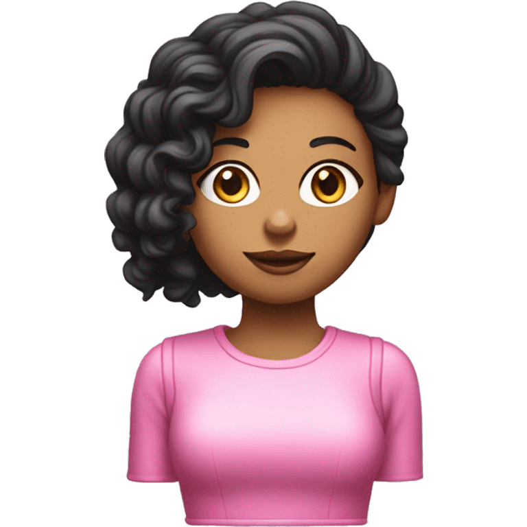 Chica pelo negro lacio piel blanca y una computadora de apple rosa emoji