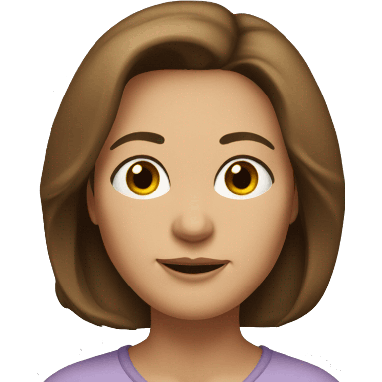 54-year-old woman with shoulder-length brown hair, black eyes, strong build and small eyes emoji