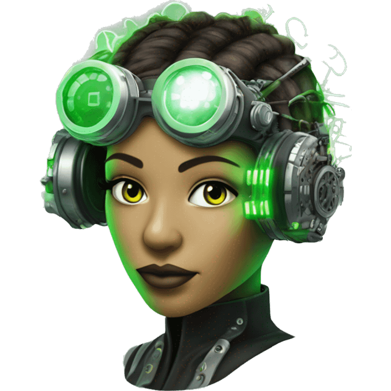 Neon green bobbed hair Latina female cyborg head with silver steampunk goggles and circuits emoji