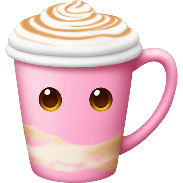 A pink cup of latte with latte art emoji