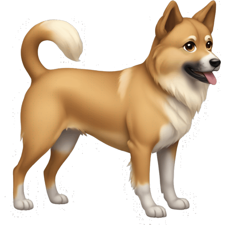 Light brown Eurasian dog standing. His face and back is full of dark brown spots emoji